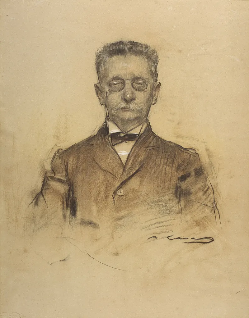 A charcoal portrait of the architect Lluís Domènech i Montaner by Ramon Casas